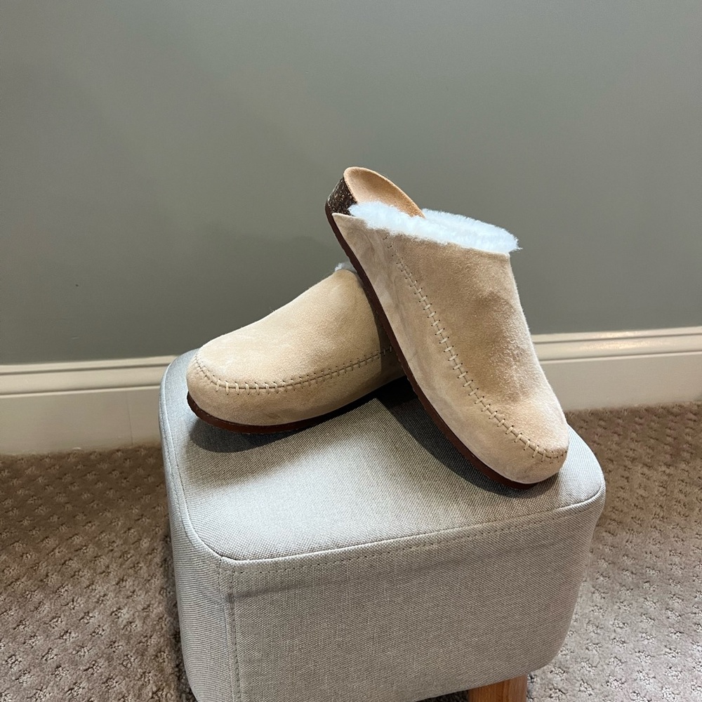 Jenni Kayne Tan Suede Shearling Lined Clogs.